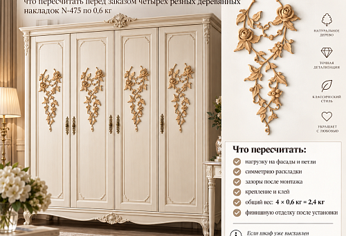 Шкаф уже собран и отрегулирован, но фасады решили украсить: что пересчитать перед заказом четырёх резных деревянных накладок N-475 по 0,6 кг