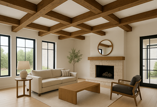 Просторная гостиная с потолком, оформленным П-образными деревянными фальш балками в виде сетки