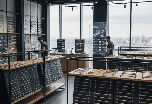 Шоурум мебельных погонажных ручек с большим выбором моделей, экспозиционные стенды и крупные окна с видом на город