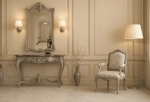 Классическая итальянская консоль с зеркалом и кресло в изысканной гостиной