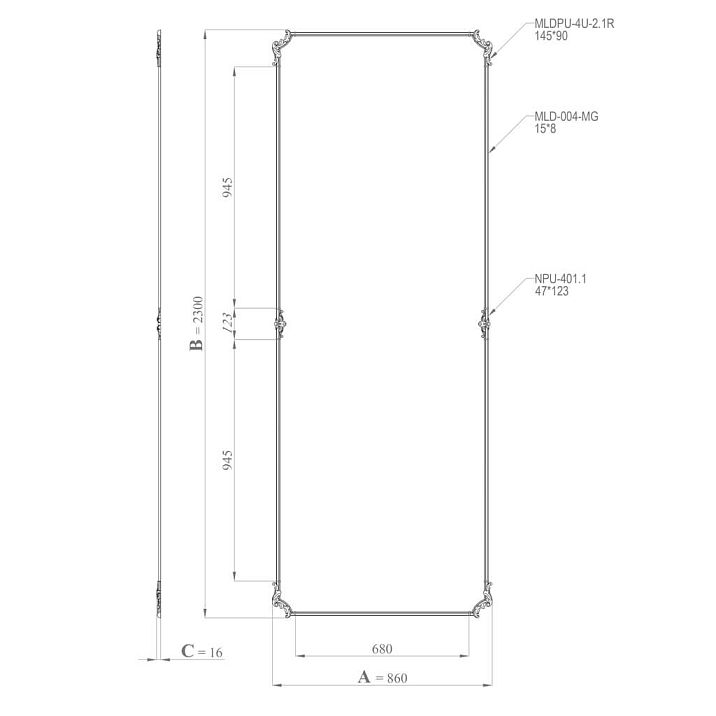 Схема комплекта лепного декора CPU-9-2 с размерами 860 на 2300 мм