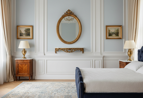 Классическая спальня: высокий плинтус, овальное зеркало и симметрия