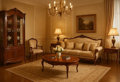 Классическая гостиная с мебелью из тёмного дерева, резным диваном и креслом