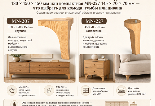Деревянные мебельные ножки купить: крупная MN-207 180 × 150 × 150 мм или компактная MN-227 145 × 70 × 70 мм — что выбрать для комода, тумбы или дивана