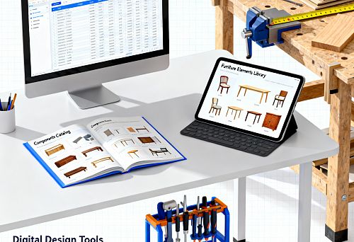 Экран компьютера с мебельной базой данных и каталогом элементов