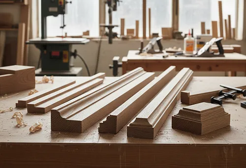 Погонаж для межкомнатных дверей из натурального дерева на рабочем столе