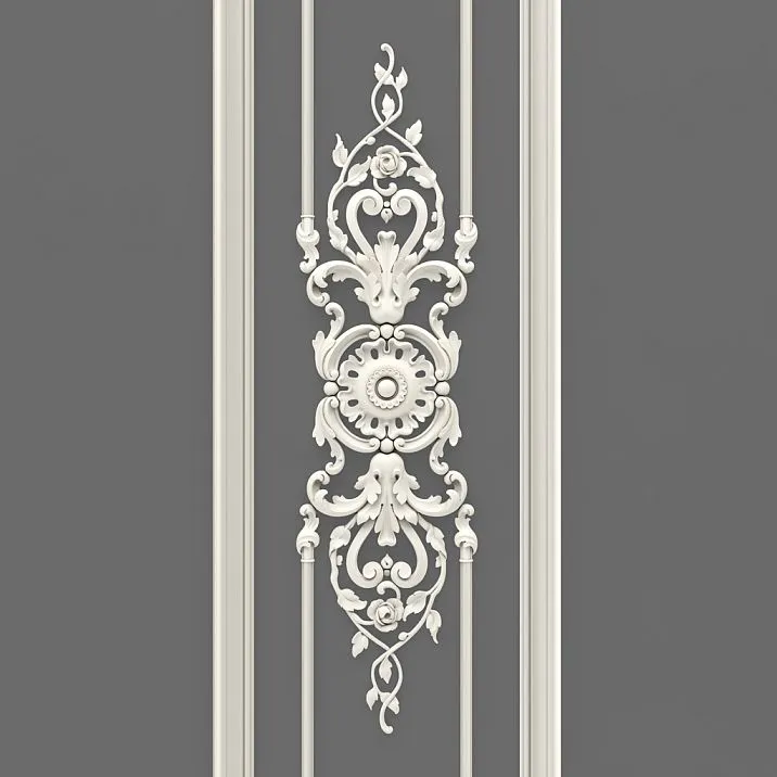 Состав комплекта лепного декора CPU-5-8: перечень элементов NPU.VRS-005, NPU.VRS-004, NPU.VRS-008.1L/1R и молдингов MLD-001-MG, MLD-003-MG с количеством и размерами