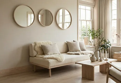 Скандинавский hygge: светлый ясень в плинтусах + круглые зеркала + минимализм