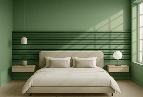 Декоративные МДФ панели рейки в интерьере спальни с акцентной стеной