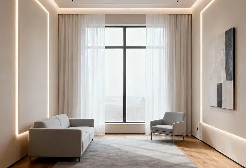 Современная гостиная с LED-подсветкой, встроенной в плинтусы и карнизы, создающей мягкое функциональное освещение по периметру стен и потолка.