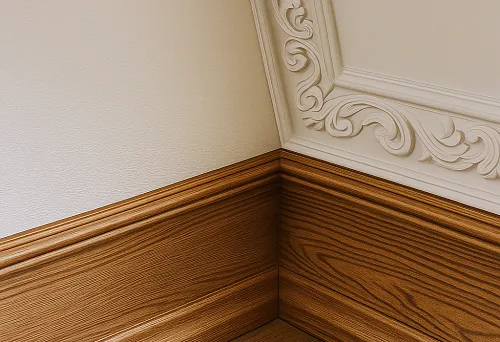 Сочетание деревянного плинтуса и потолочной лепнины в интерьере.