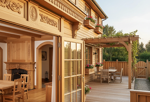 Деревянный дом с декоративными изделиями из дерева внутри и снаружи, объединяющими интерьер и экстерьер