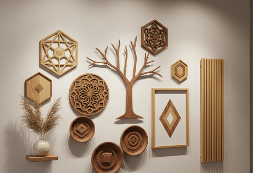 Композиция настенных украшений из массива дерева в природных оттенках