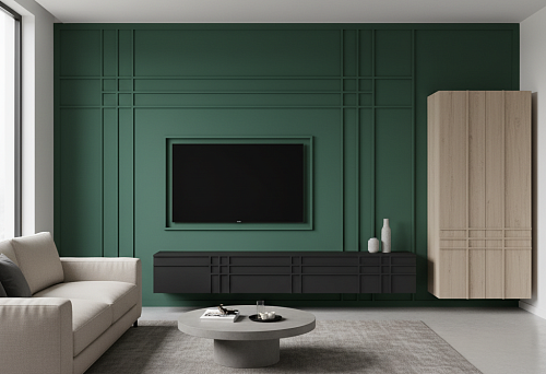 Современная гостиная с декоративной раскладкой из МДФ на стене и мебели