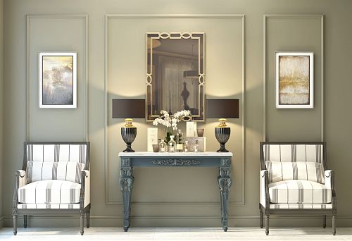 Классический гарнитур из натурального дерева: консоль с резьбой и два кресла в современном интерьере