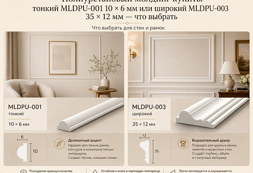Полиуретановый молдинг купить: тонкий MLDPU-001 10 × 6 мм или широкий MLDPU-003 35 × 12 мм — что выбрать для стен и рамок