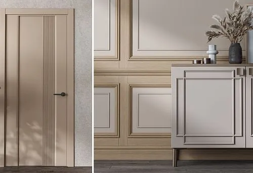 Интерьер с деревянными профилями, дверями и мебельными элементами.