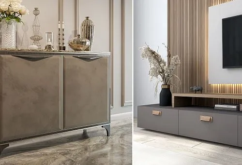 Современная гостиная 2025 года: слева — элегантный комод с декоративной отделкой и металлическими ножками