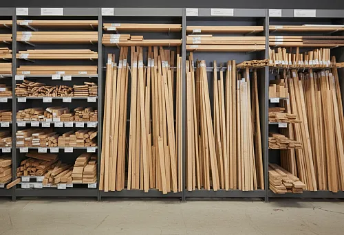 Стеллаж с деревянным погонажом: рейки, бруски и профили, разложенные по размерам и типам для расчёта и покупки по погонным метрам.