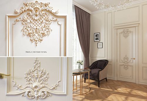 Дверь из натурального дерева с резьбой и золотой поталью в классическом интерьере