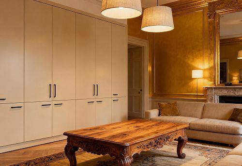 Классическая гостиная с дубовым столом и лепным декором.