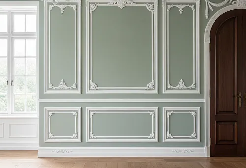 Интерьер с изящными молдингами, декоративными углами и украшениями на стенах в классическом стиле