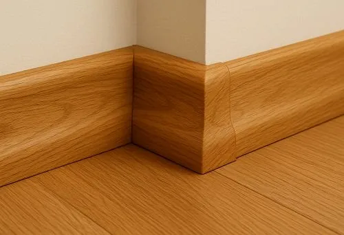 Дубовый плинтус с плавным профилем и закругленным верхом в углу комнаты