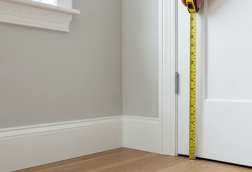 Рука измеряет высоту дверного проёма рулеткой, рядом установлен белый напольный плинтус на светлом деревянном полу в современном интерьере.