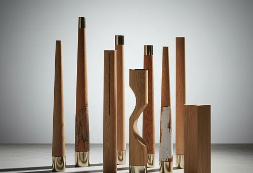 Разнообразные деревянные ножки для стульев из дуба и бука с металлическими основаниями, демонстрирующие различие в текстуре, цвете и отделке древесины.