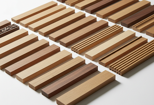 Набор деревянных профилей разного цвета и формы на белом фоне