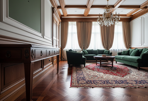 Классический интерьер с деревянной мебелью, где мебельные ручки, деревянный плинтус и деревянный потолочный карниз собраны в единый комплект, формируя цельную линию дерева в отделке и мебели.