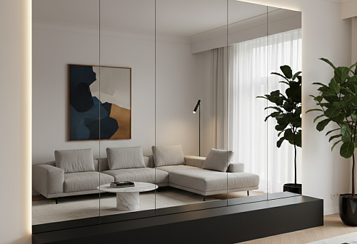 Плинтус + зеркало = идеальная акцентная стена в гостиной