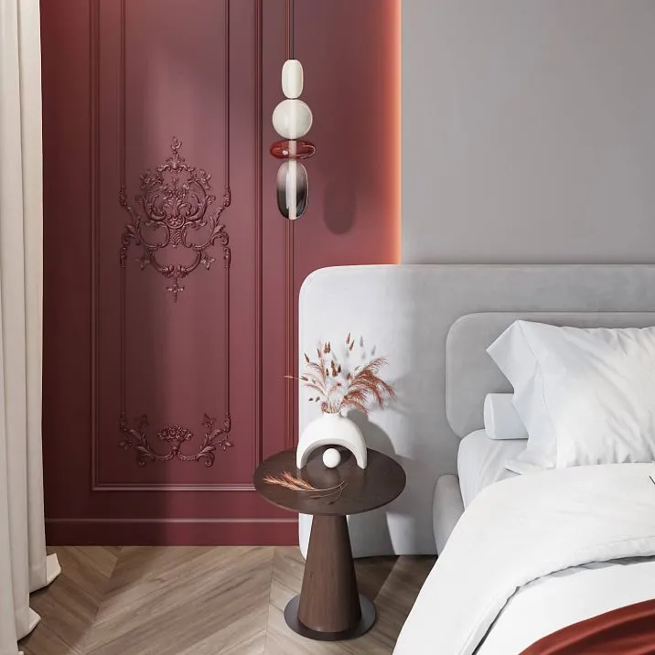 Лепной декор CPU-P6 в интерьере спальни с декоративными стеновыми панелями