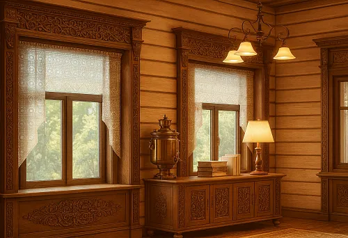 Русский стиль в современном дизайне интерьера с резными наличниками