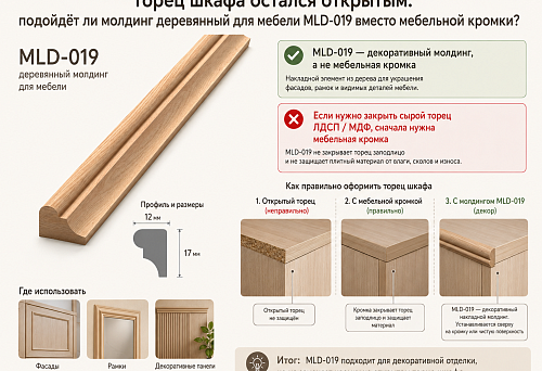 Торец шкафа остался открытым: подойдёт ли молдинг деревянный для мебели MLD-019 вместо мебельной кромки?