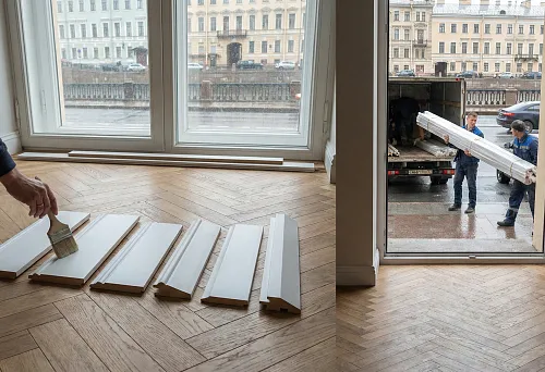 Погонаж МДФ под покраску в квартире — раскладка плинтусов разных профилей перед монтажом