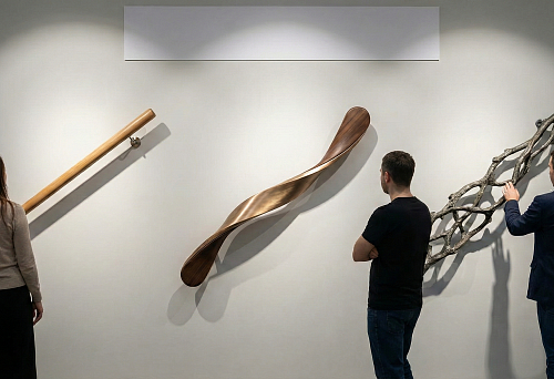 Выставочная экспозиция с классическим круглым деревянным поручнем на стене