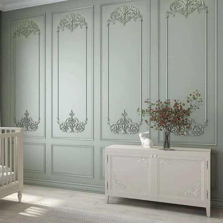 Резной наконечник на молдинг N-363.1R в оформлении классической стеновой панели с молдингами и резным декором