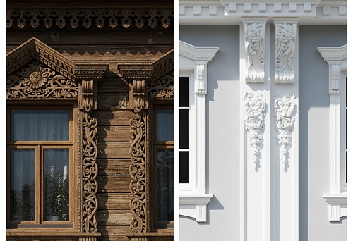 Сравнение домовой резьбы из дерева и фасадного декора из полиуретана.