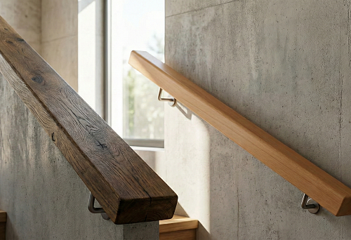 Поручень из массива тёмного дуба с выраженной текстурой на бетонной стене