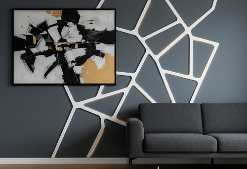 Современный интерьер с декоративным молдингом из полистирола на стене в Челябинске, пример дизайнерского оформления с доставкой и монтажом