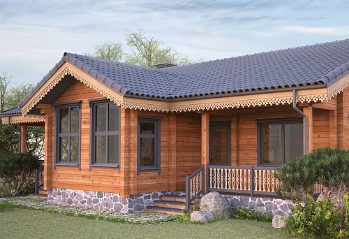 Деревянная дача в русском стиле с резными наличниками и каменным фундаментом