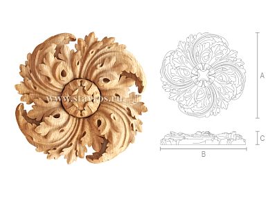 Декоративная розетка R-077 круглый элемент в виде закручивающегося цветка в стиле барокко  Плотный насыщенный орнамент смотрится богато и празднично