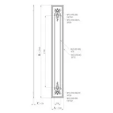 Чертёж комплекта лепного декора CPU-5-7 «Версаль» с размерами панели и обозначением элементов NPU.VRS-005, MLD-001-MG, MLD-003-MG