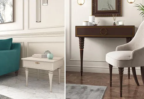 Мебельный гарнитур с элегантными ножками из дерева в современном интерьере.