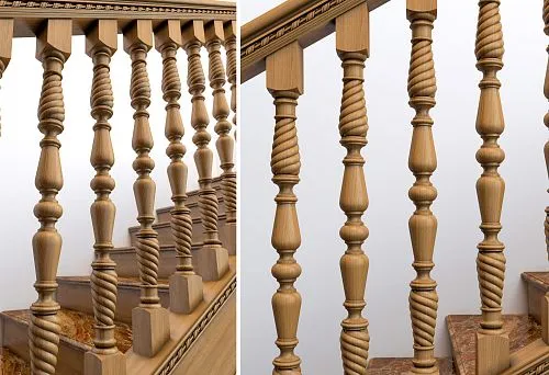 Лестничное ограждение с деревянными балясинами винтовой формы и классическими элементами