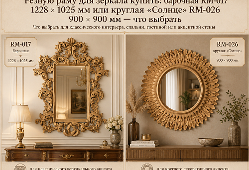 Резную раму для зеркала купить: барочная RM-017 1228 × 1025 мм или круглая «Солнце» RM-026 900 × 900 мм — что выбрать