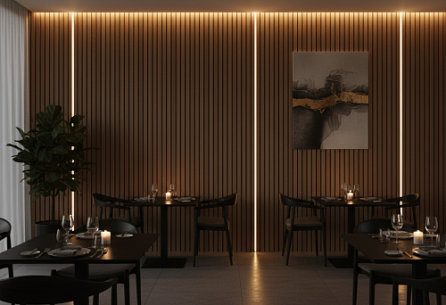 Интерьер ресторана с тёплой подсветкой и деревянными рейками на стене, подобранными с равномерным шагом и точной подгонкой крепежа