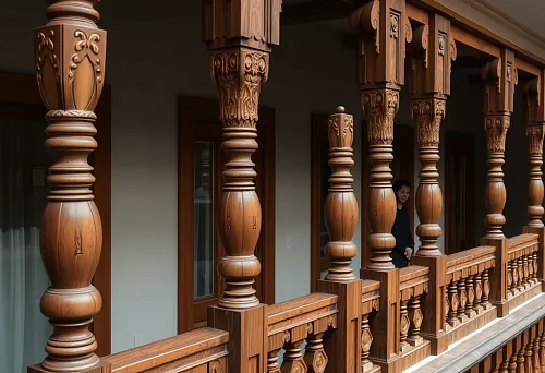 Деревянные столбы и балясины — резные элементы лестничных конструкций, элегантное оформление балкона с орнаментом