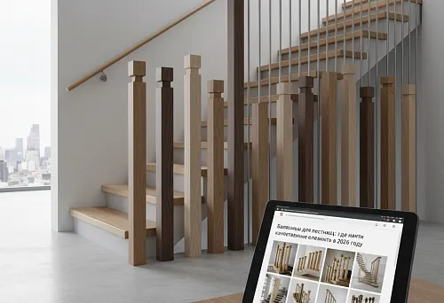 образцы деревянных балясин разных пород у лестницы в интерьере